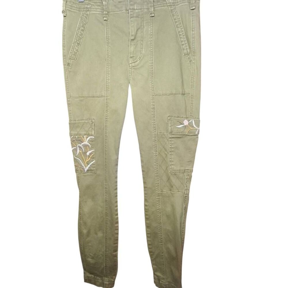 Anthropologie Austen Skinny Cargo Pants – Olive Green, Embroidered Floral, Women